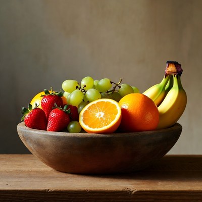 Bowl of Fresh Strawberries Oranges Grapes Bananas
