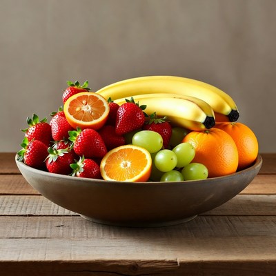 Fresh Fruit Bowl with Strawberries Bananas Oranges