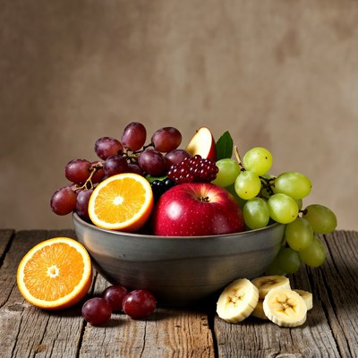 Colorful Fruit Bowl on Wooden Table