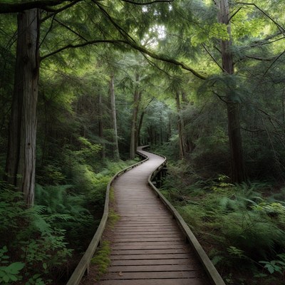 Wooden Boardwalk Through Lush Forest