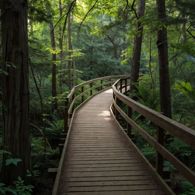 Wooden Boardwalk in Lush Forest