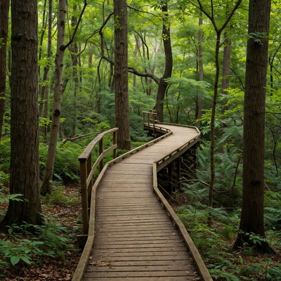 Wooden Boardwalk Through Lush Forest