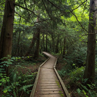 Wooden Boardwalk in Lush Forest
