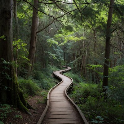 Winding Wooden Boardwalk in Lush Forest