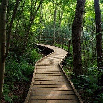 Curving Wooden Boardwalk in Lush Forest