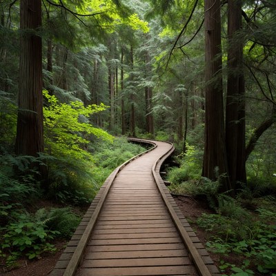 Wooden Boardwalk in Lush Forest