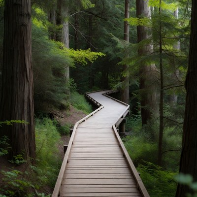 Wooden Boardwalk Through Tall Forest