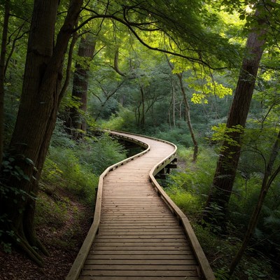 Curving Wooden Boardwalk in Forest