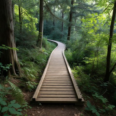 Curving Wooden Boardwalk in Lush Forest