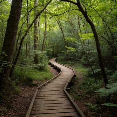 Wooden Boardwalk Through Lush Forest