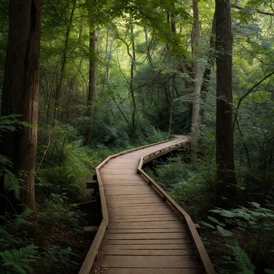 Wooden Boardwalk Through Lush Forest