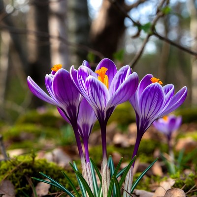 Purple crocuses blooming in forest