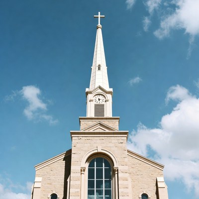 Stone Church with Steeple and Clock