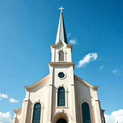 White Church Steeple Against Blue Sky