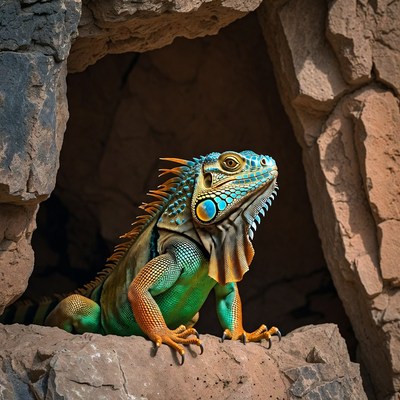 Green iguana emerging from rock cave