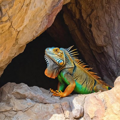 Colorful iguana in rock cave