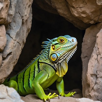 Green iguana emerging from cave