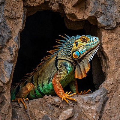 Green iguana emerging from rock cave