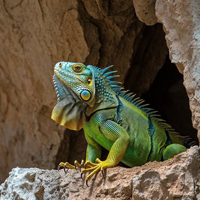 Green iguana in rocky cave