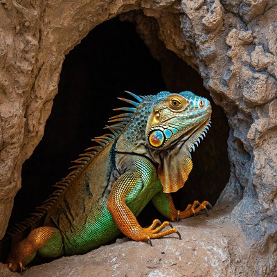 Green iguana emerging from cave
