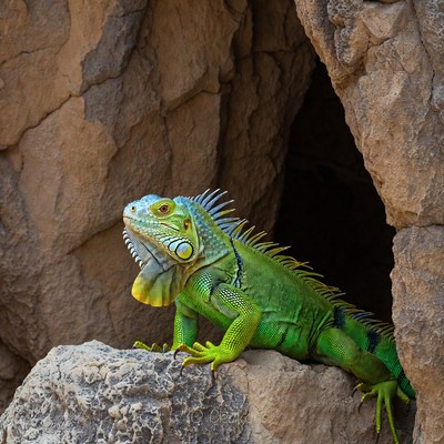 Green iguana in rocky cave