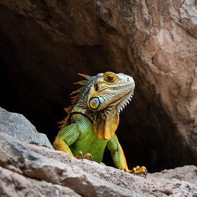 Green iguana emerging from cave