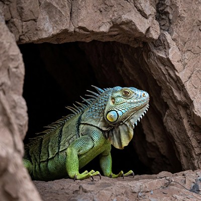 Green iguana emerging from rock cave