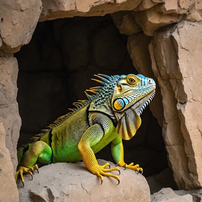 Green iguana emerging from rock cave