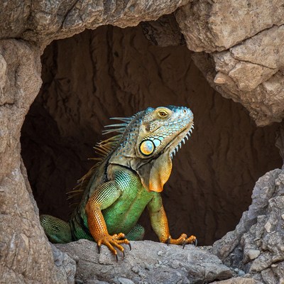 Green iguana peering from cave