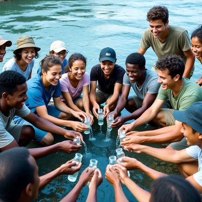 Diverse group holding glasses in river circle