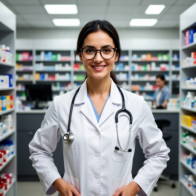 Smiling female doctor in pharmacy