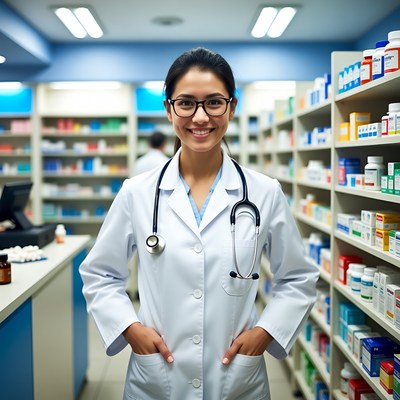 Asian female doctor in pharmacy