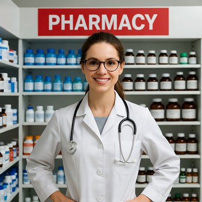 Smiling female pharmacist in pharmacy