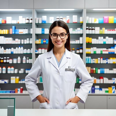 Smiling female pharmacist in pharmacy