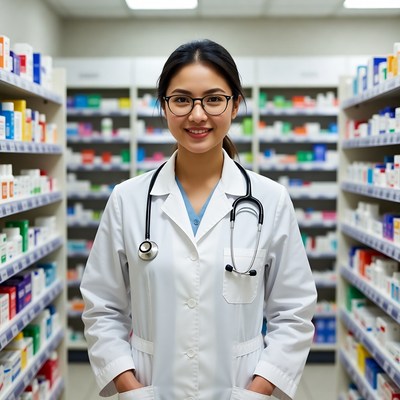 Asian female doctor in pharmacy