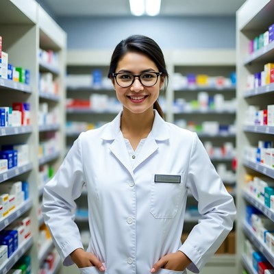 Asian pharmacist woman in lab coat