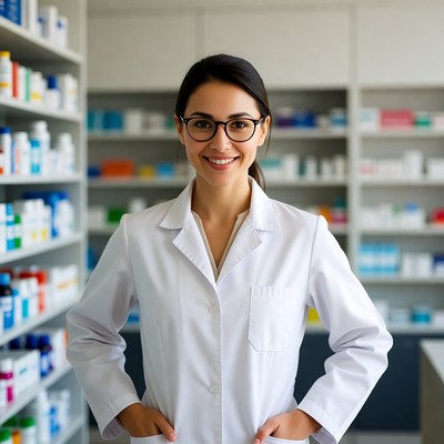 Smiling Latina Pharmacist in Lab Coat