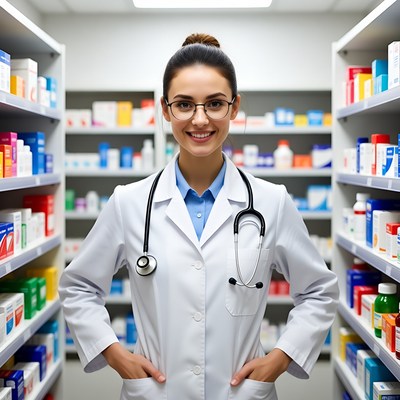 Smiling female doctor in pharmacy