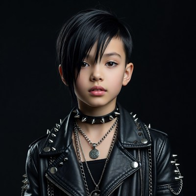 Asian boy in spiked leather jacket