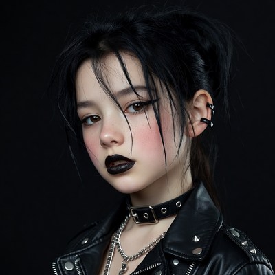 Asian woman in goth makeup and leather jacket