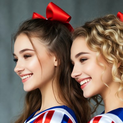 Two smiling cheerleaders in profile