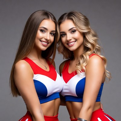Two smiling cheerleaders in red white uniforms