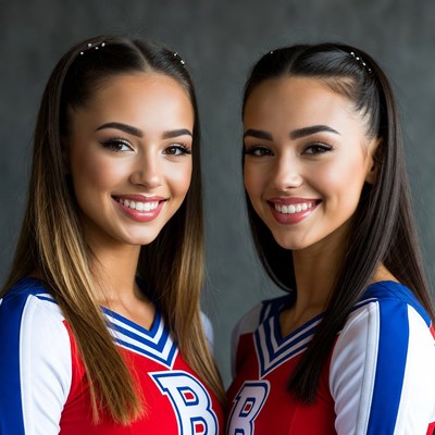 Two smiling cheerleader girls in red uniforms
