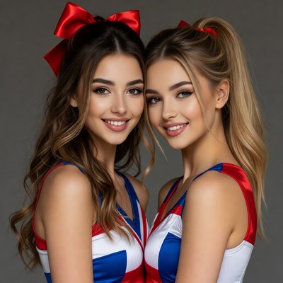 Two cheerleaders with red bows smiling