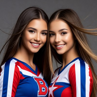 Twin cheerleaders smiling in uniforms