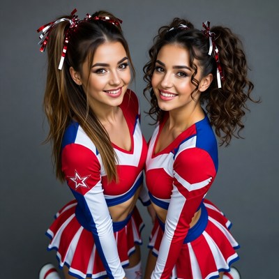 Two smiling cheerleaders in red uniforms