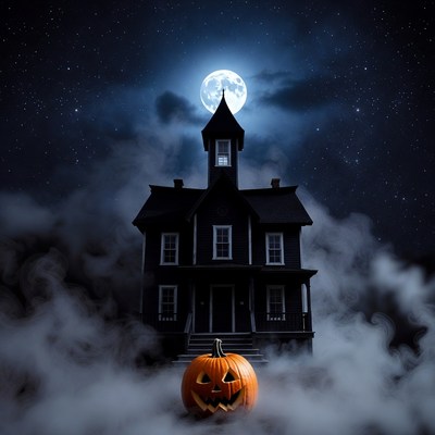 Haunted House with Pumpkin and Moon