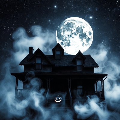 Haunted House with Jack-o-Lantern Moon