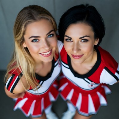 Two smiling cheerleaders in red uniforms