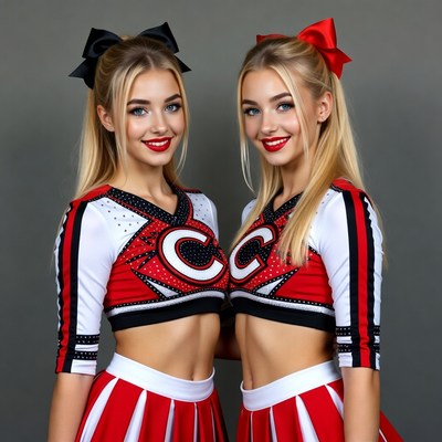 Twin blonde cheerleaders in red uniforms